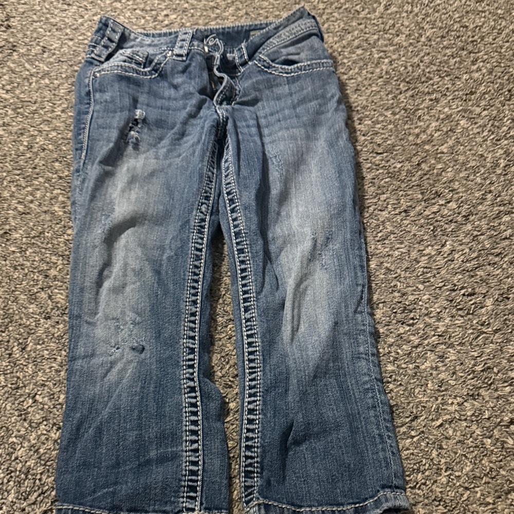 Silver Jeans Women's Distressed Medium Blue Boot Cut Jeans